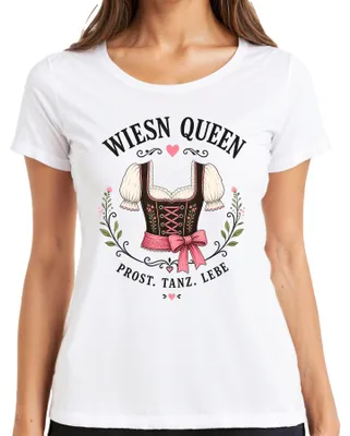 Zdjęcie produktu dla Koszulka damska "Wiesn Queen", motyw: taniec, miłość, , tradycyjny strój bawarski, spodnie skórzane, sukienka Dirndl, kolor: biały, rozmiar: L