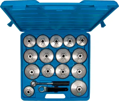 Produktbild von Ölfilterkappen-Satz aus Aluminium 17-tlg. 64-101 mm  mit 1/2"- Set mit  Knarre