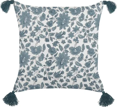 Produktbild von BELIANI Dekokissen Blau und Weiß Baumwolle 45 x 45 cm Bezug mit Füllung Reißverschluss Quasten Blumenmuster Boho Modern Wohnzimmer Schlafzimmer Deko
