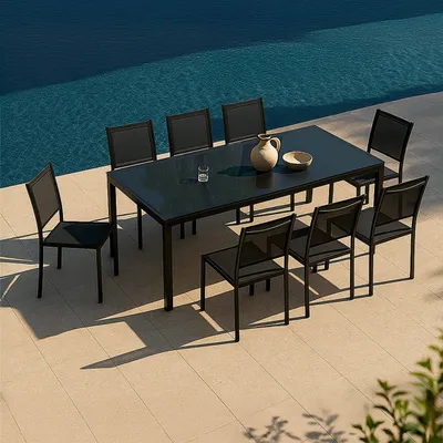 Produktbild von Gartentisch-Set mit 8 Stühlen und schwarzer Glasplatte - Oviala Ajaccio
