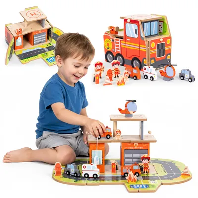 Obrázek produktu pro Dřevěná garáž 2v1 s hasičskou stanicí a vozem – 2 patra, figurky, vozidla ECOTOYS