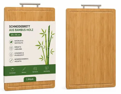 Produktbild von Bambus Schneidebrett 28 x 38 cm mit Aluminium-Griffleiste, KI-generiertes Bild
