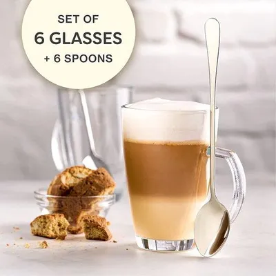 Produktbild von Famanu Latte Macchiato Gläser Set mit Henkel und Löffel - 300ml