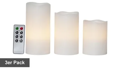 Immagine prodotto di Set di candele LED, modello May - cera vera - bordo superiore curvo - con timer - telecomando - colore bianco - set da 3