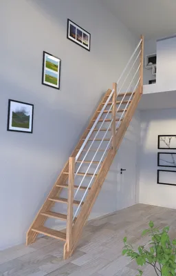 Produktbild von Holztreppe Rhodos in gerader Ausführung-Eiche-Holz-Edelstahl Geländer weiß-rechts-ohne Setzstufen