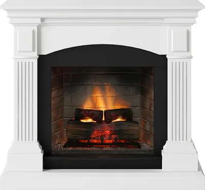 A white electric fireplace with a brick-lined interior and glowing logs.