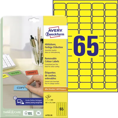 Produktbild von Avery Zweckform L4793-20, Farbige Etiketten, ablösbar, A4, 38,1 x 21,2 mm, 1.300 Etiketten / 20 Bögen, gelb
