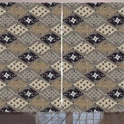 Produktbild von ARANDE asiatisch Gardine, Indonesische Javanese Art-Batik-Muster-gewellte und Blumenmuster-altmodische Fliese, 280 x 245 cm, Tan Schwarz
