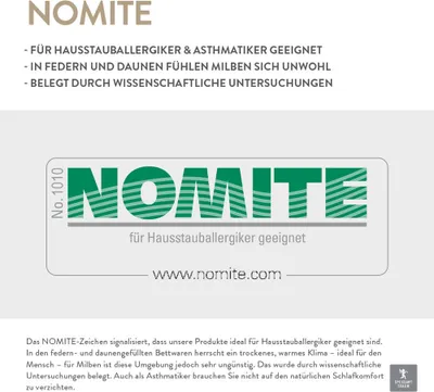 Marketing material for the NOMITE brand, highlighting its suitability for allergy sufferers.