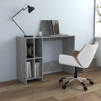 Image de Bureau d'ordinateur gris béton, 102,5 x 35 x 75 cm. Bureau d'angle avec espace de rangement, en panneaux de particules. Bureau d'angle