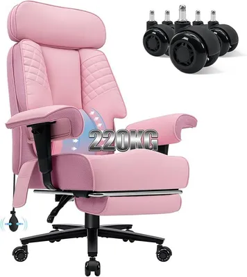 Image de Chaise de bureau ergonomique pour le télétravail, chaise de bureau avec repose-pieds, fauteuil de direction en similicuir avec support lombaire gonflable, accoudoirs et repose-tête réglables en hauteur, couleur rose