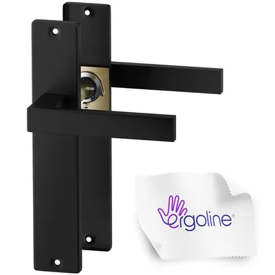 Two black door handles with a gold lock mechanism are shown against a white background. A small white cloth with a purple logo and text is in the lower right corner.