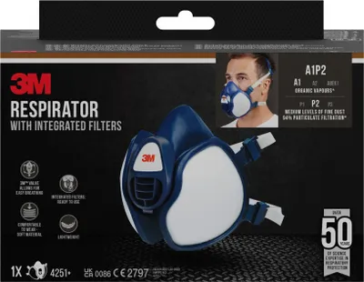 The image shows the packaging of a 3M respirator with integrated filters, featuring a product shot and a model wearing the respirator.