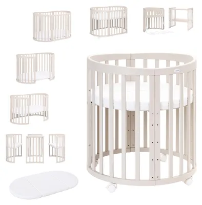 Image de Lit bébé Waldin OWAL, lit pour enfants 7 en 1 avec matelas, lit évolutif pour enfants, sans barrières de protection, en bois cachemire