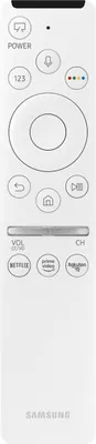 A white Samsung TV remote control is shown against a white background.