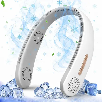 Produktbild von Nackenventilator, Halsventilator, blattlos, leise, USB, 4000mAh, 3 Stufen, 4Turbinen, 360° Luftstrom, für Reisen & Büro(Weiß)