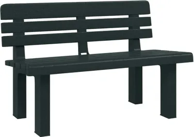 A dark green plastic garden bench is shown against a white background.