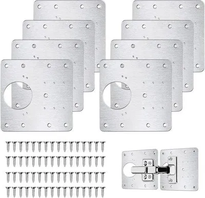 Imagen del producto de 8 placas de reparación para bisagras de acero inoxidable, con 80 tornillos incluidos, kit de reparación para muebles y armarios de madera