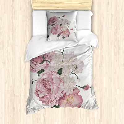 Produktbild von ABAKUHAUS Rose Bettbezug Set für Einzelbetten, Grunge Stil Rosa Blumenstrauss, Milbensicher Allergiker geeignet mit Kissenbezug, Beige Dunkelgrün Puder Rosa Eierschalenfarben