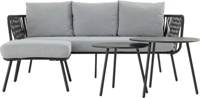Produktbild von Gartenlounge MYKONOS, schwarz/grau - Balkon Lounge Sofa mit Dreisitzer, Hocker & Beistelltisch, wasserabweisende Kissen, wetterfest für Balkon und Terrasse