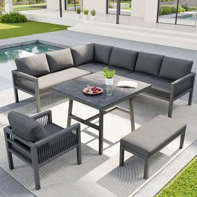 Produktbild von Handgefertigte L-Bank für bis zu 8 Personen / Stabiles Metallrahmen mit grauen Kissen / Inklusive 1 Tisch mit Marmormantel und Glasplatte und 2 Sesseln / Wetterbeständige Terrassebank