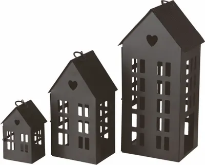 Produktbild von 3er Set Laterne in Hausform 35 / 24 / 13 cm - schwarz - Deko Lampion Außen Innen - Kerzenhalter Windlicht Haus