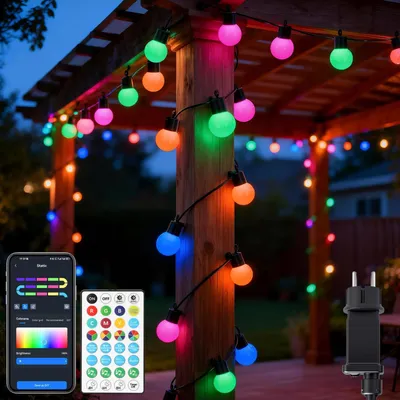 Obrázek produktu pro Světelný řetěz, 5 metrů - 45 LED žárovek G45 - stupeň krytí IP44 (vodotěsný) - ovládání přes aplikaci - teplá bílá barva - vhodné pro vánoční výzdobu - pro použití uvnitř i venku
