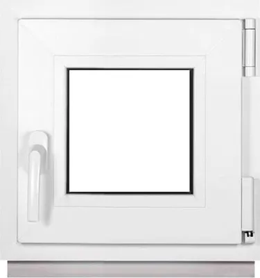 A white window frame with a clear glass pane, a handle on the left, and hinges on the right.