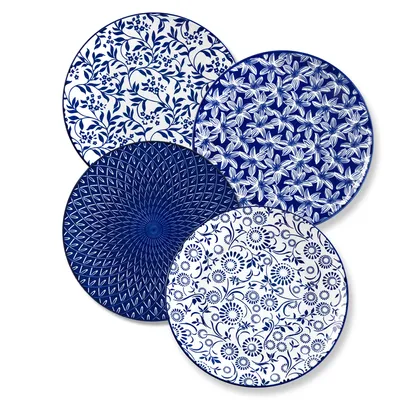 Produktbild von Vancasso Porzellan Tellerset, 4-tlg Speiseteller für 4, Flachteller, Frühstücksteller, Blau und Weiß
