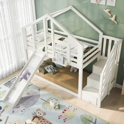 Produktbild von okwish Etagenbett Hochbett 90x200 cm mit Rausfallschutz, Hausbett Baumhaus mit Schublade und 2x Lattenrost, Kinderbett Stockbett(Ohne Matratze)- Weiß