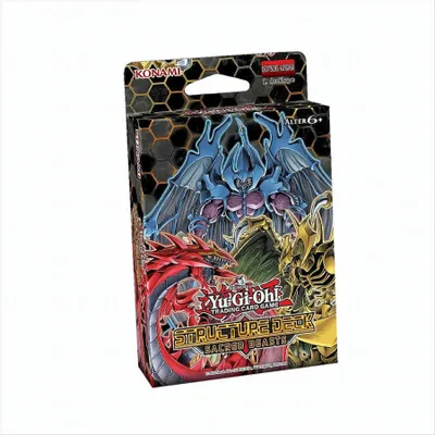 A Yu-Gi-Oh! Structure Deck: Sacred Beasts packaging with artwork of three monsters.