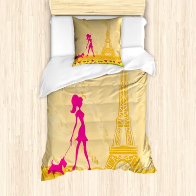 Produktbild von ABAKUHAUS Teen Zimmer Mantele, Pink Girl Dog Eiffel, Milbensicher Allergiker geeignet mit Kissenbezügen, 135 cm x 200 cm - 80 x 80 cm, Aprikose und Pink
