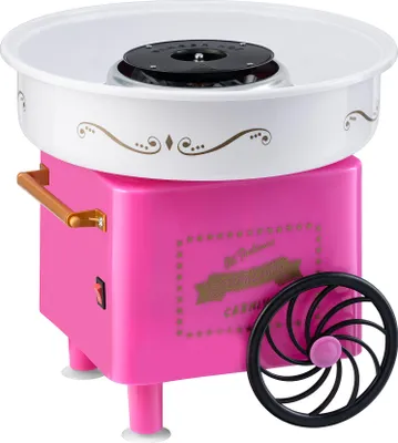 A pink cotton candy machine with a white bowl and gold decorative accents, shown against a white background.