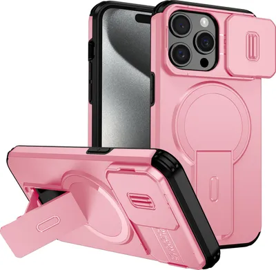 Obrázek produktu pro Magnetické pouzdro pro iPhone 15 Pro Max, dvouvrstvé odolné pouzdro s posuvnou ochranou fotoaparátu a nastavitelným stojánkem Růžová