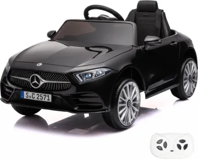 A black toy Mercedes CLS350 electric car with a remote control.