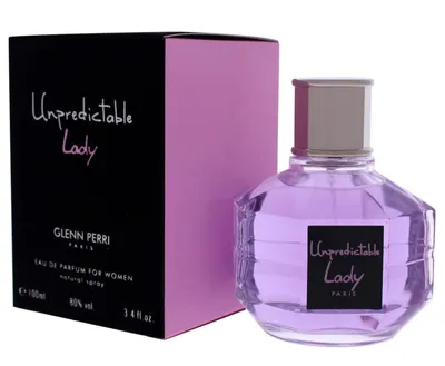 A bottle of perfume and its packaging are displayed against a white background.