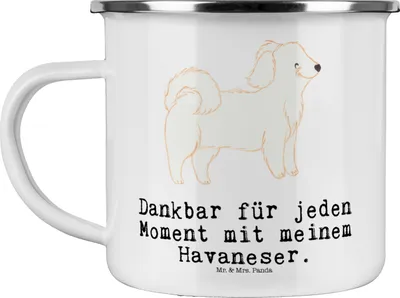 Produktbild von Mr. & Mrs. Panda Teetasse Havaneser Moment - Weiß - Geschenk, Bichón Habanero, Emaille Becher, Teebecher, Tasse, Havi, Outdoor, Pott, Bichon Havanais