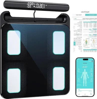 Productafbeelding van Lichaamsvetweeg met polssensoren - Lichaamsanalyseweeg met app - Weegschaal voor het meten van lichaamsvet en spiermassa - 8 elektroden - Personenweegschaal voor lichaamsvetanalyse - 21 meetwaarden