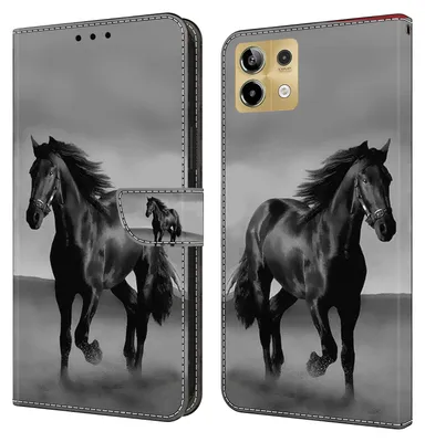 A collage of a black leather flip phone case with a horse image on it, shown from the front and back.