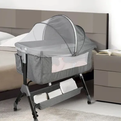 Produktbild von 2 in1 Beistellbett Baby,Babybetten Reisebett Babybett Höhenverstellbar, neigbar, Kinderbett inkl. Matratze und Moskitonetz Grau