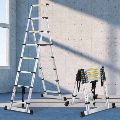 Produktbild von Yakimz Teleskopleiter Ausziehleiter Klappleiter Stabil Aluminium Stehleiter bis 150kg 2.0m+2.3m Mit Waagebalken