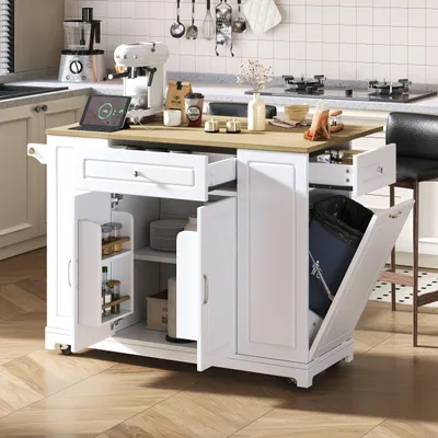 A kitchen island with various features in a kitchen setting.