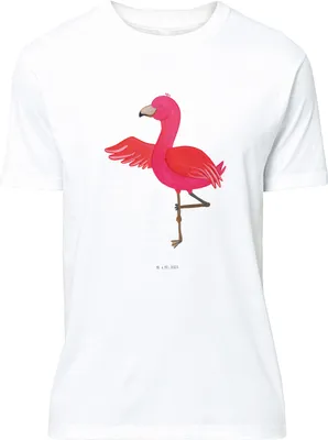 Produktbild von Mr. & Mrs. Panda S T-Shirt Flamingo Yoga - Weiß - Geschenk, oberteil, mit Spruch, Yogi, Shirt, Baum, Urlaub, Tshirt, Achtsamkeit, Namaste