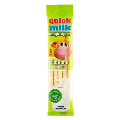 A package of Quick Milk Magic Sipper banana-flavored drinking straws.