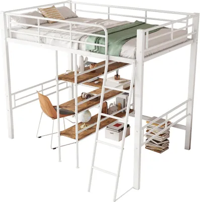 Produktbild von Hochbett 90x200cm Ohne Matratze Kinderbett Weiss Metall Mit Schreibtisch Regalen Gelaender Leiter