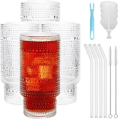 Produktbild von Unyqoos® Cocktailgläser-Set 4er, 350 ml Longdrink-Gläser (3 mm Glas) mit 4 Glasstrohhalmen, 2 Strohhalmbürsten & Reinigungsbürste – Hobnail