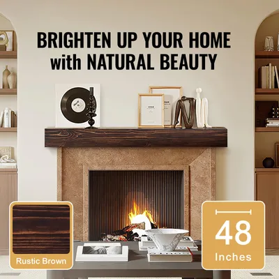 A fireplace with a wooden mantelpiece decorated with various items, including a record player, picture frames, and decorative figures. A sample of the wood finish and a size indicator are shown in the foreground.