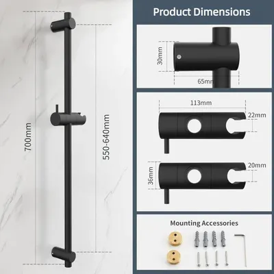 Zdjęcie produktu dla Drążek prysznicowy 70 cm, czarny, stal nierdzewna, regulowany, obrotowy uchwyt 360°, do łazienki