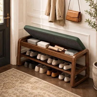 Imagen del producto de Banco estrecho de madera con espacio de almacenamiento para zapatos, ideal para recibidores