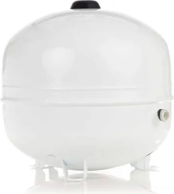 A white expansion vessel with a black cap, resting on small white legs.
